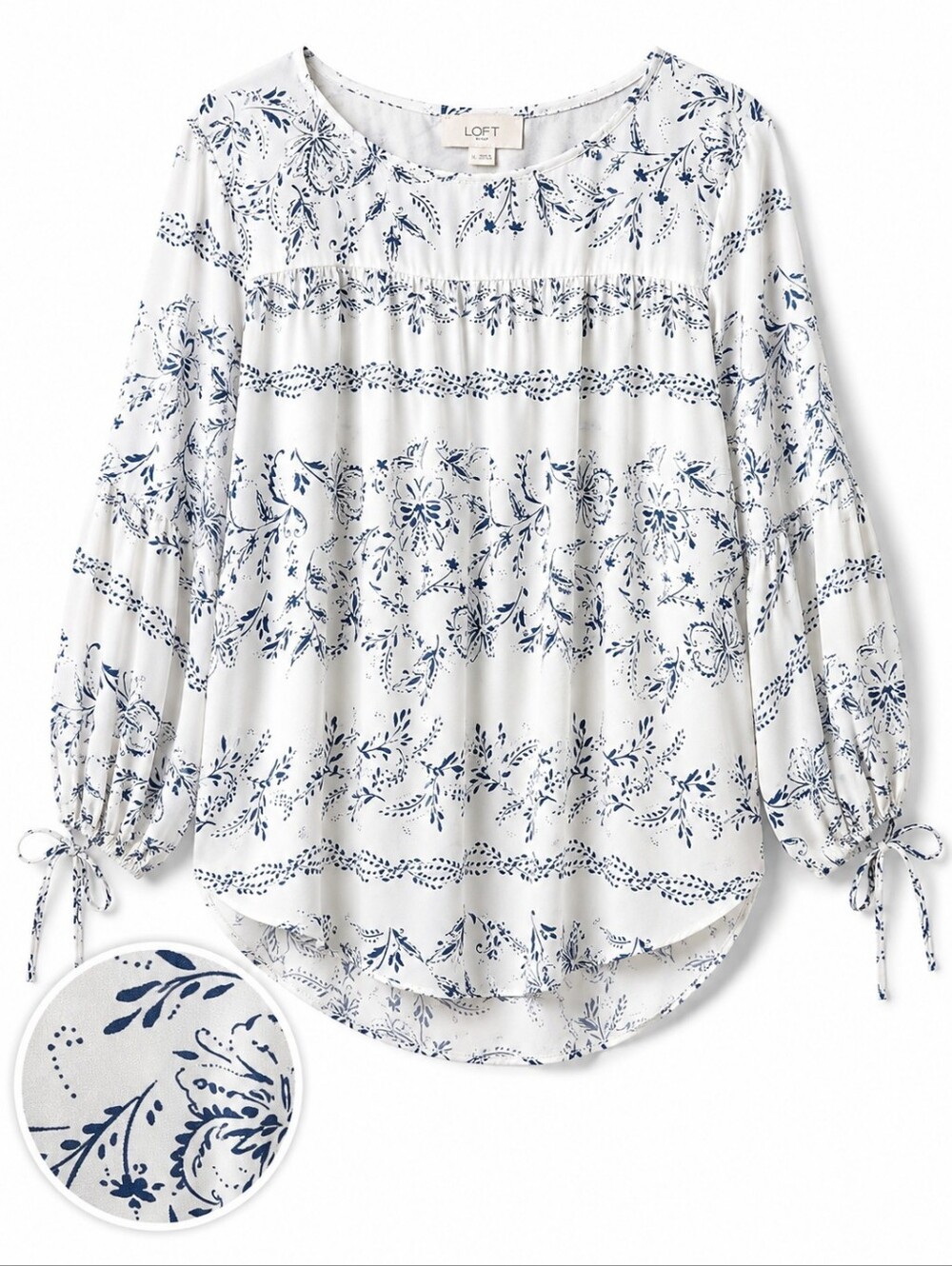 LOFT XL White Navy Floral Peasant Blouse Tie Sleeve High Low Top
